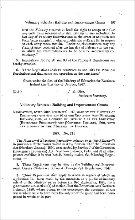 The Building and Improvement Grants (Voluntary Schools) (Emergency) Regulations (Northern Ireland) 1947