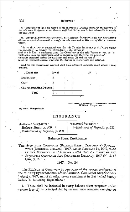 The Assurance Companies (Balance Sheet Certificate) Regulations (Northern Ireland) 1947