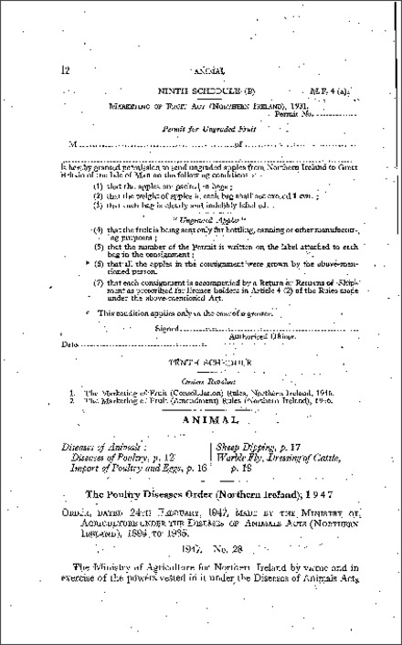 The Poultry Diseases Order (Northern Ireland) 1947