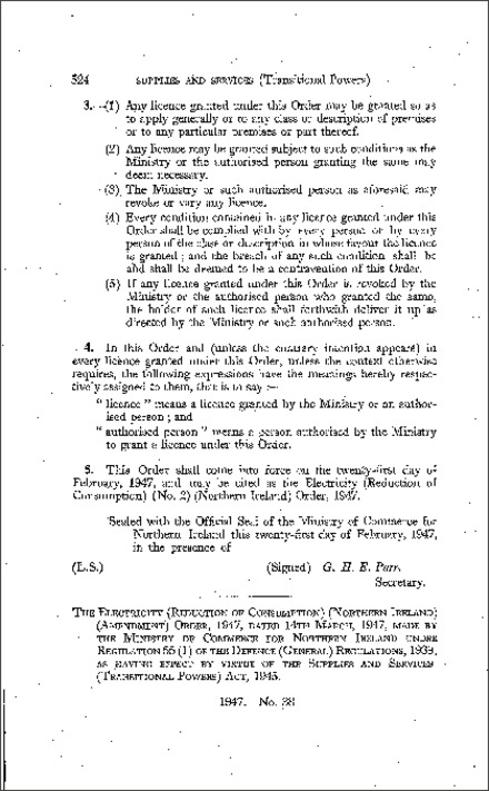 The Electricity (Reduction of Consumption) (Northern Ireland) (Amendment) Order (Northern Ireland) 1947