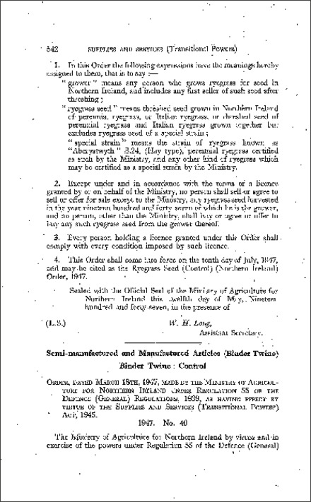 The Binder Twine Control (Northern Ireland) Order (Northern Ireland) 1947