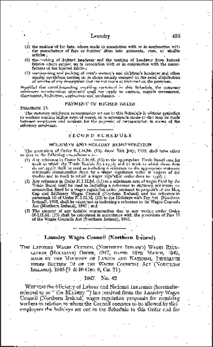 The Laundry Wages Council (Northern Ireland) Wages Regulation (Holidays) Order (Northern Ireland) 1947