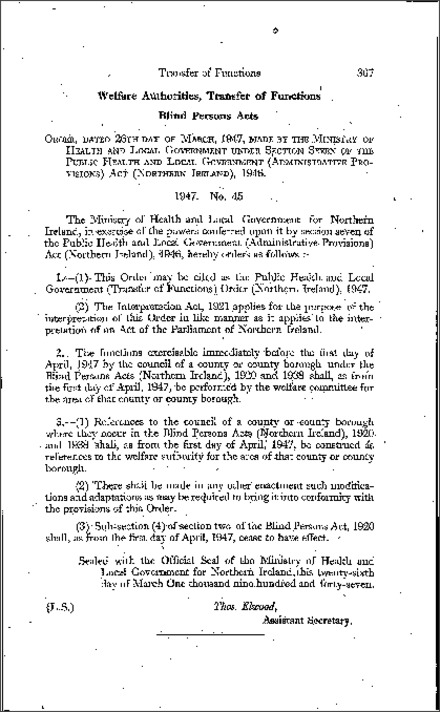 The Public Health and Local Government (Transfer of Functions) Order (Northern Ireland) 1947