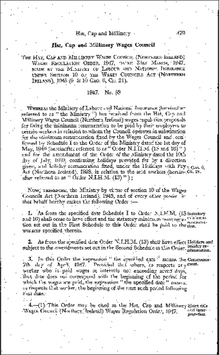 The Hat Cap and Millinery Wages Council (Northern Ireland) Wages Regulation Order (Northern Ireland) 1947