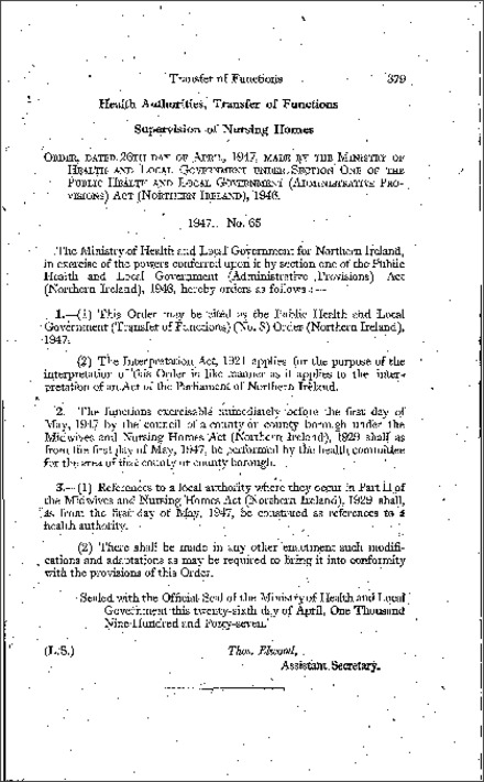The Public Health and Local Government (Transfer of Functions) (No. 3) Order (Northern Ireland) 1947