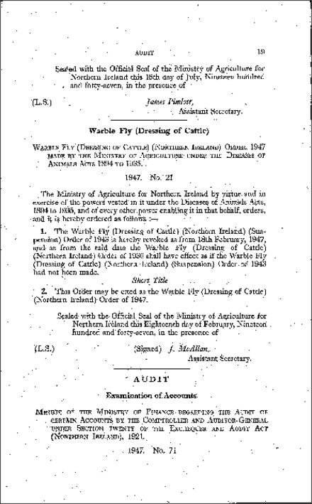 The Order providing for the examination of certain Government Accounts by the Comptroller and Auditor-General (Northern Ireland) 1947