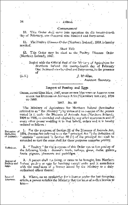 The Import of Poultry and Eggs Order (Northern Ireland) 1947