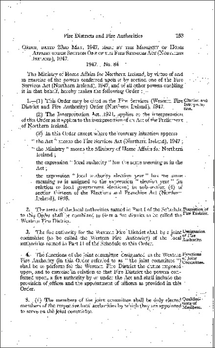 The Fire Services (Western Fire District and Fire Authority) Order (Northern Ireland) 1947