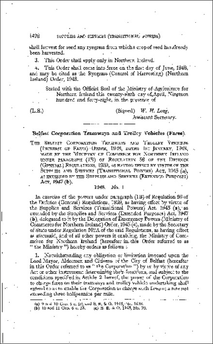 The Belfast Corporation Tramways and Trolly Vehicles (Increase of Fares) Order (Northern Ireland) 1948