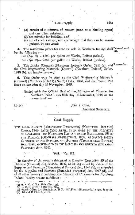 The Coal Supply (Temporary Provisions) Order (Northern Ireland) 1948