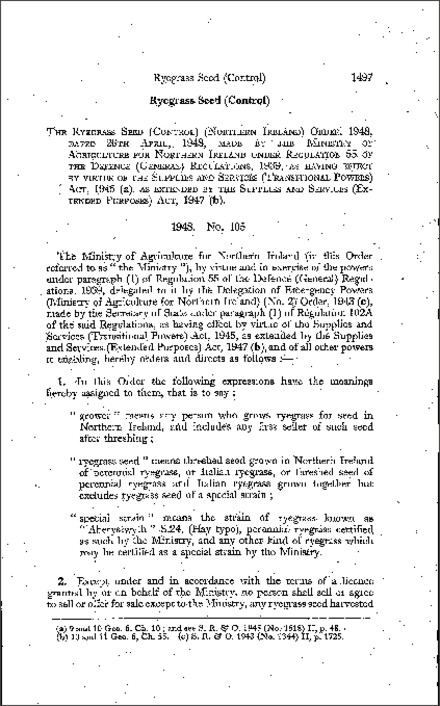 The Ryegrass Seed (Control) Order (Northern Ireland) 1948
