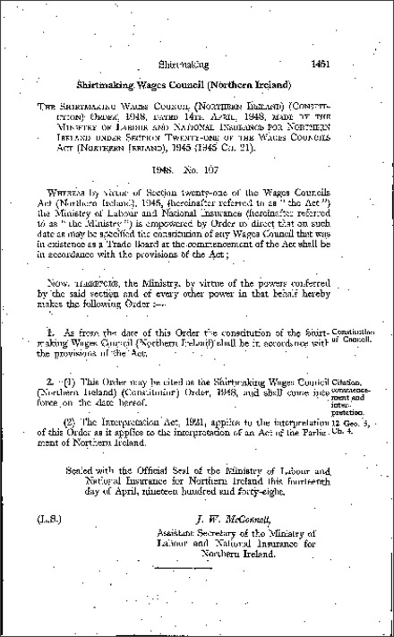 The Shirtmaking Wages Council (Constitution) Order (Northern Ireland) 1948