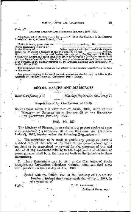 The Certificates of Births (Requisition) Regulations (Northern Ireland) 1948