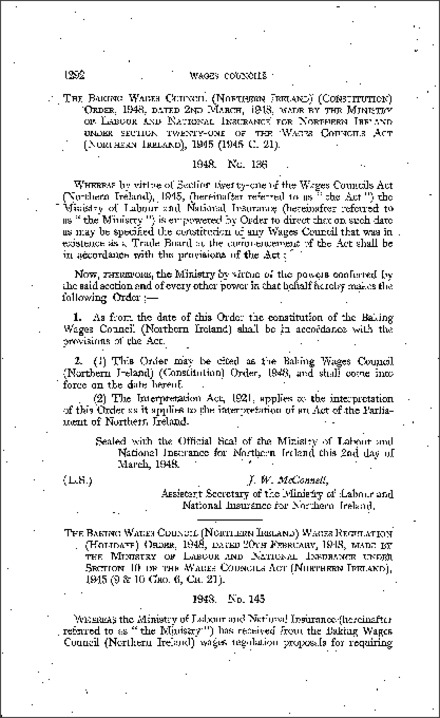 The Baking Wages Council (Constitution) Order (Northern Ireland) 1948