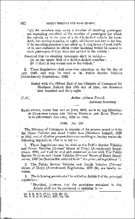 The Public Service Vehicles and Goods Vehicles (Drivers' Hours of Duty) (Amendment) Regulations (Northern Ireland) 1948