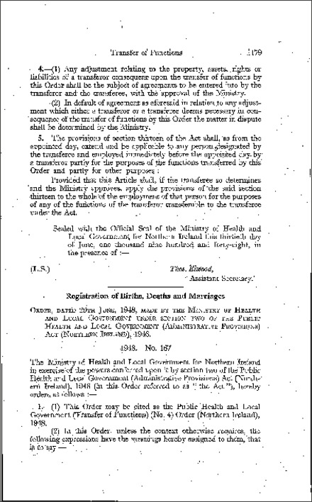 The Public Health and Local Government (Transfer of Functions) (No. 4) Order (Northern Ireland) 1948