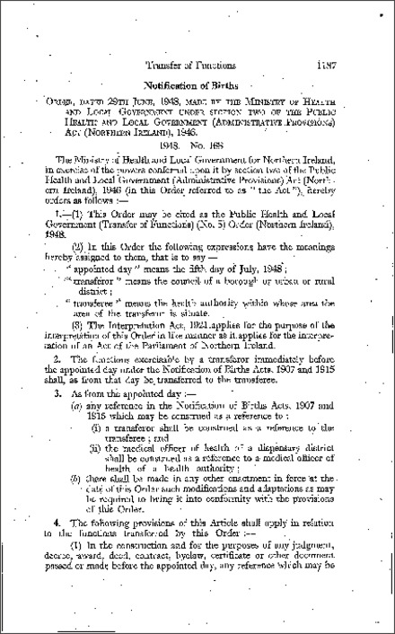 The Public Health and Local Government (Transfer of Functions) (No. 5) Order (Northern Ireland) 1948