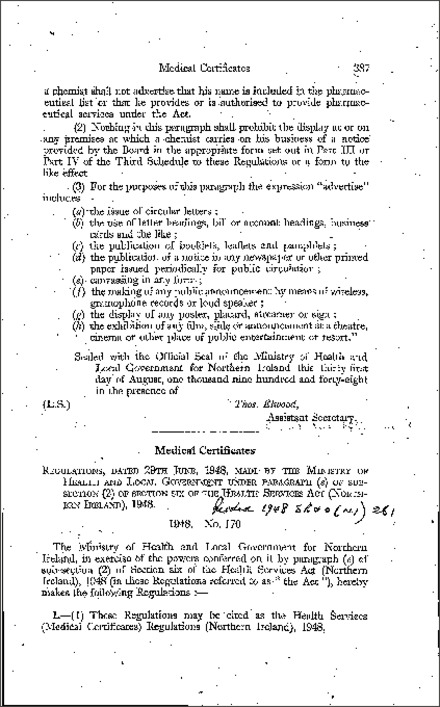 The Health Services (Medical Certificates) Regulations (Northern Ireland) 1948