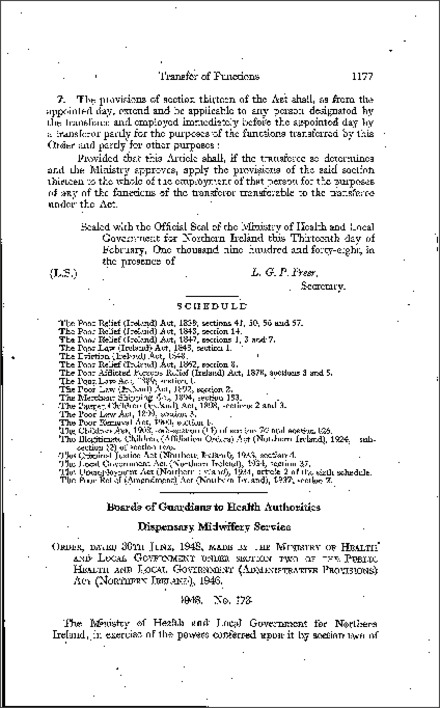 The Public Health and Local Government (Transfer of Functions) (No. 7) Order (Northern Ireland) 1948