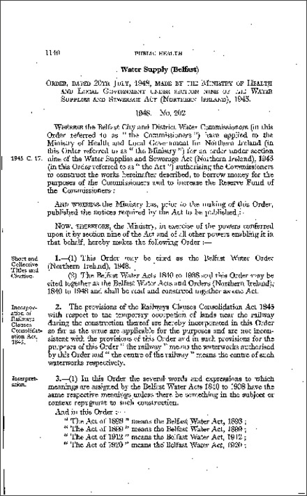 The Belfast Water Order (Northern Ireland) 1948