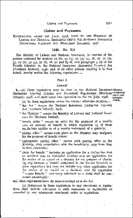 The National Insurance (Industrial Injuries) (Claims and Payments) Regulations (Northern Ireland) 1948