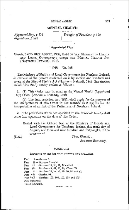 The Mental Health (Appointed Day) Order (Northern Ireland) 1948