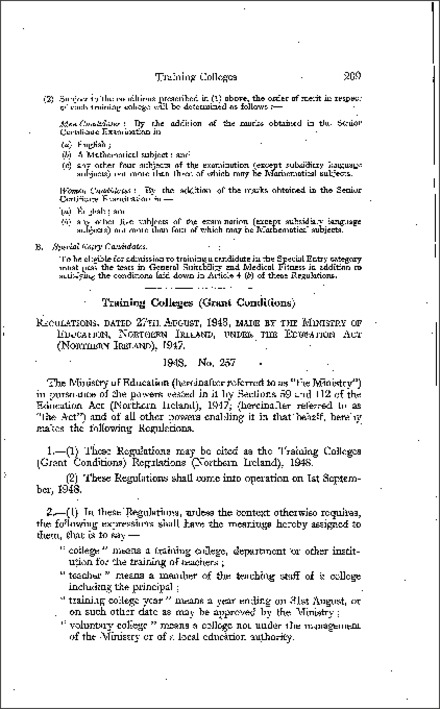 The Training Colleges (Grant Conditions) Regulations (Northern Ireland) 1948
