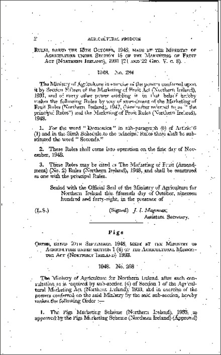 The Pigs Marketing Scheme (Amendment) Order (Northern Ireland) 1948