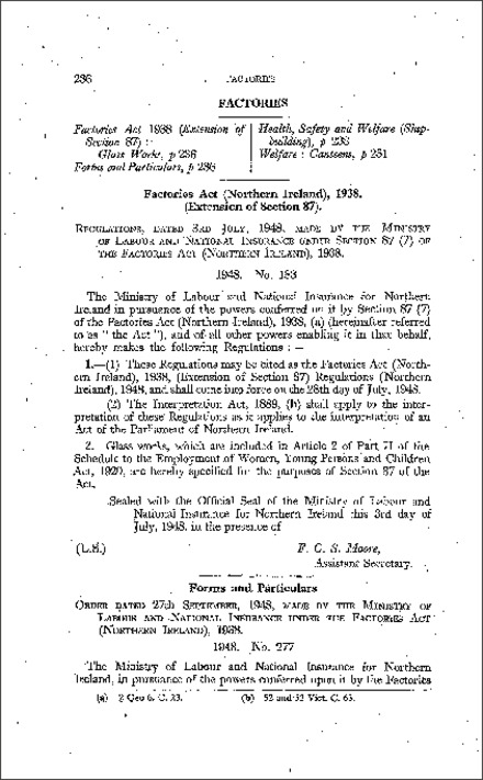 The Factories (Forms and Particulars) Order (Northern Ireland) 1948