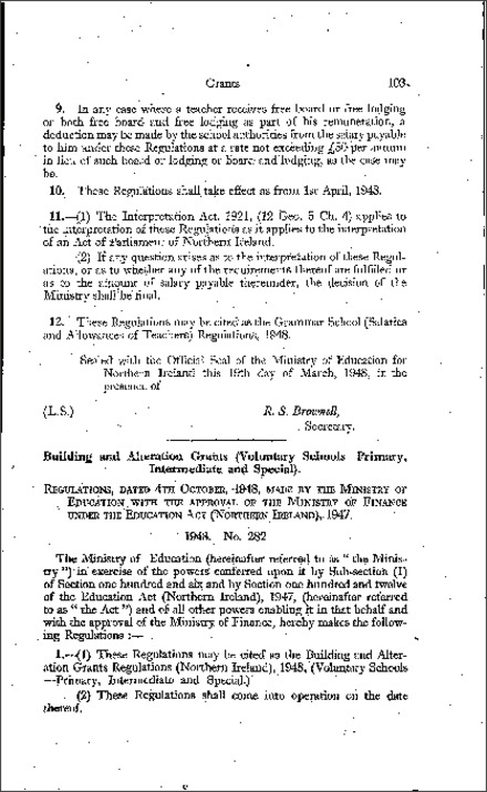 The Building and Alteration Grants Regulations 1948 (Voluntary Schools - Primary, Intermediate and Special) (Northern Ireland) 1948