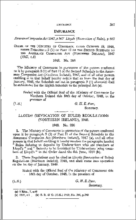 The Insurance - Order under Paragraph 3(1) of Part II of the Second Schedule to the Assurance Companies Act (Northern Ireland) 1948