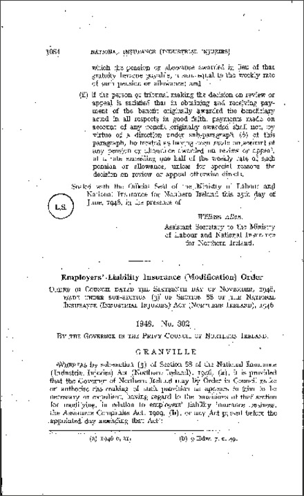 The Employers' Liability Insurance (Modification) Order (Northern Ireland) 1948