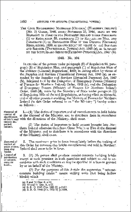 The Civil Engineering Materials (Control) (No. 2) Order (Northern Ireland) 1948