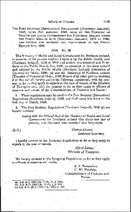 The Port Sanitary (Revocation) Regulations (Northern Ireland) 1948