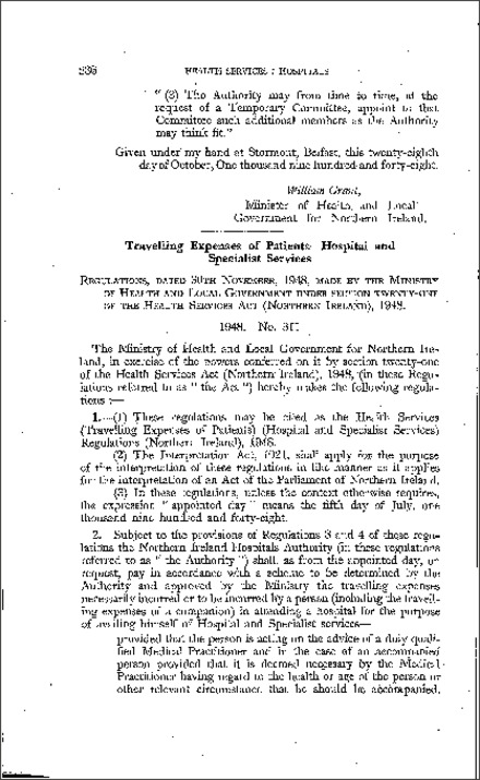 The Health Services (Travelling Expenses of Patients) (Hospital and Specialist Services) Regulations (Northern Ireland) 1948