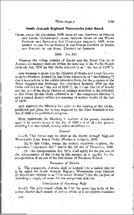 The South Armagh Regional Waterworks Joint Board Order (Northern Ireland) 1948
