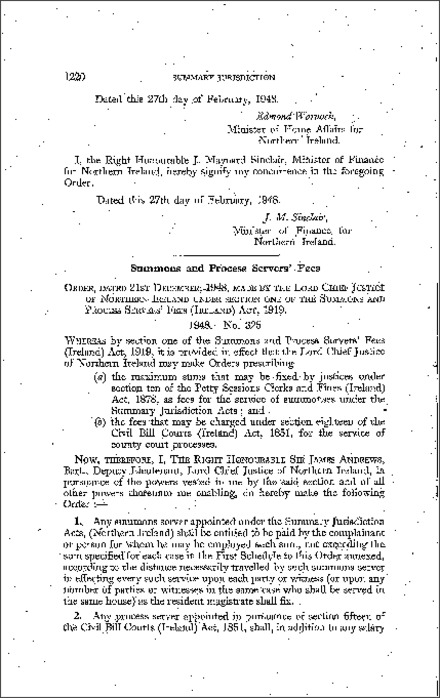 The Summons and Process Servers' Fees Order (Northern Ireland) 1948