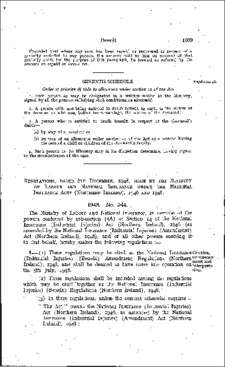 The National Insurance (Industrial Injuries) (Benefit) Amendment Regulations (Northern Ireland) 1948