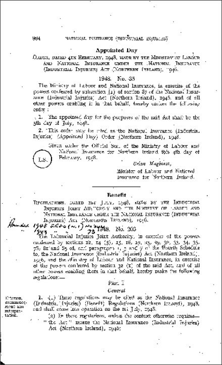 The National Insurance (Industrial Injuries) (Appointed Day) Order (Northern Ireland) 1948