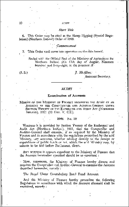 The Royal Ulster Constabulary Band Fund Account - Audit Regulations (Northern Ireland) 1948