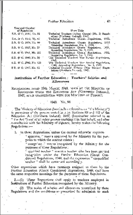 The Institutions of Further Education (Salaries and Allowances of Teachers) Regulations (Northern Ireland) 1948