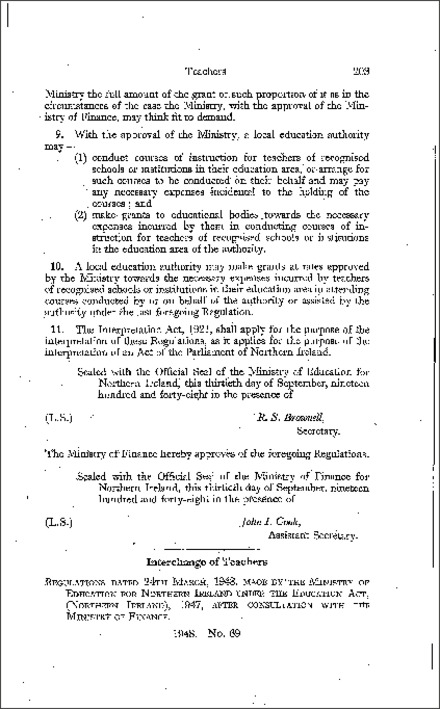 The Interchange of Teachers Regulations (Northern Ireland) 1948