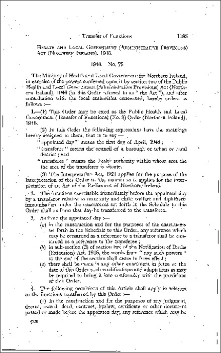 The Public Health and Local Government (Transfer of Functions) (No. 3) Order (Northern Ireland) 1948
