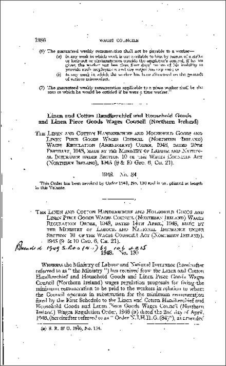 The Linen and Cotton Handkerchief and Household Goods and Linen Piece Goods Wages Council Wages Regulations (Amendment) Order (Northern Ireland) 1948