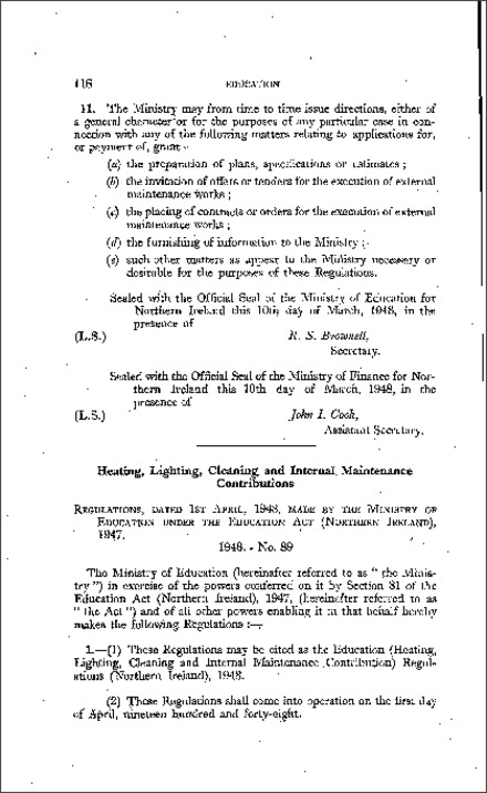 The Education (Heating, Lighting, Cleaning and Internal Maintenance Contribution) Regulations (Northern Ireland) 1948