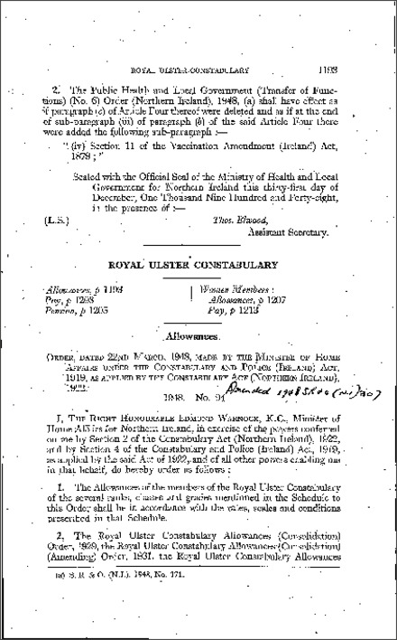 The Royal Ulster Constabulary Allowances Order (Northern Ireland) 1948