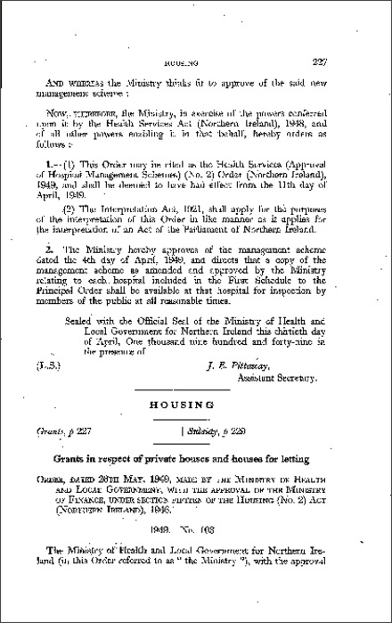 The Housing (Grants) Order (Northern Ireland) 1949