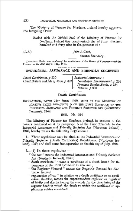 The Industrial Assurance and Friendly Societies (Death Certificates) Regulations (Northern Ireland) 1949