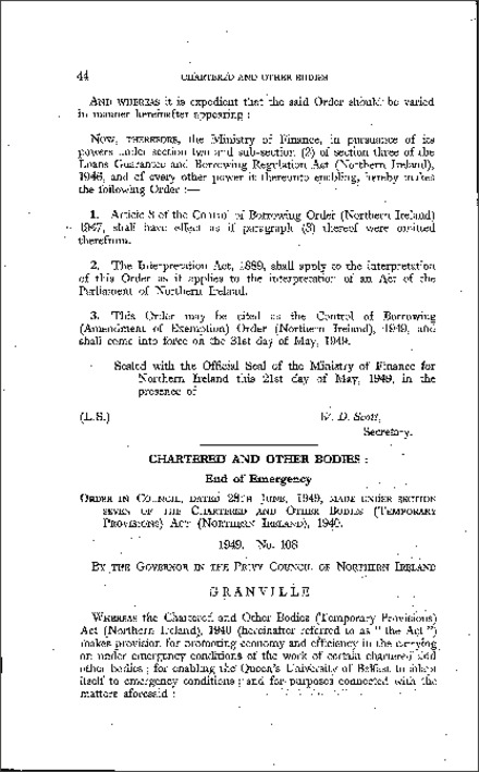 The Chartered and Other Bodies (Temporary Provisions) Act (Northern Ireland) 1940 (End of Emergency) Order (Northern Ireland) 1949