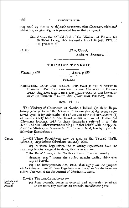 The Tourist Traffic (Finance) Regulations (Northern Ireland) 1949